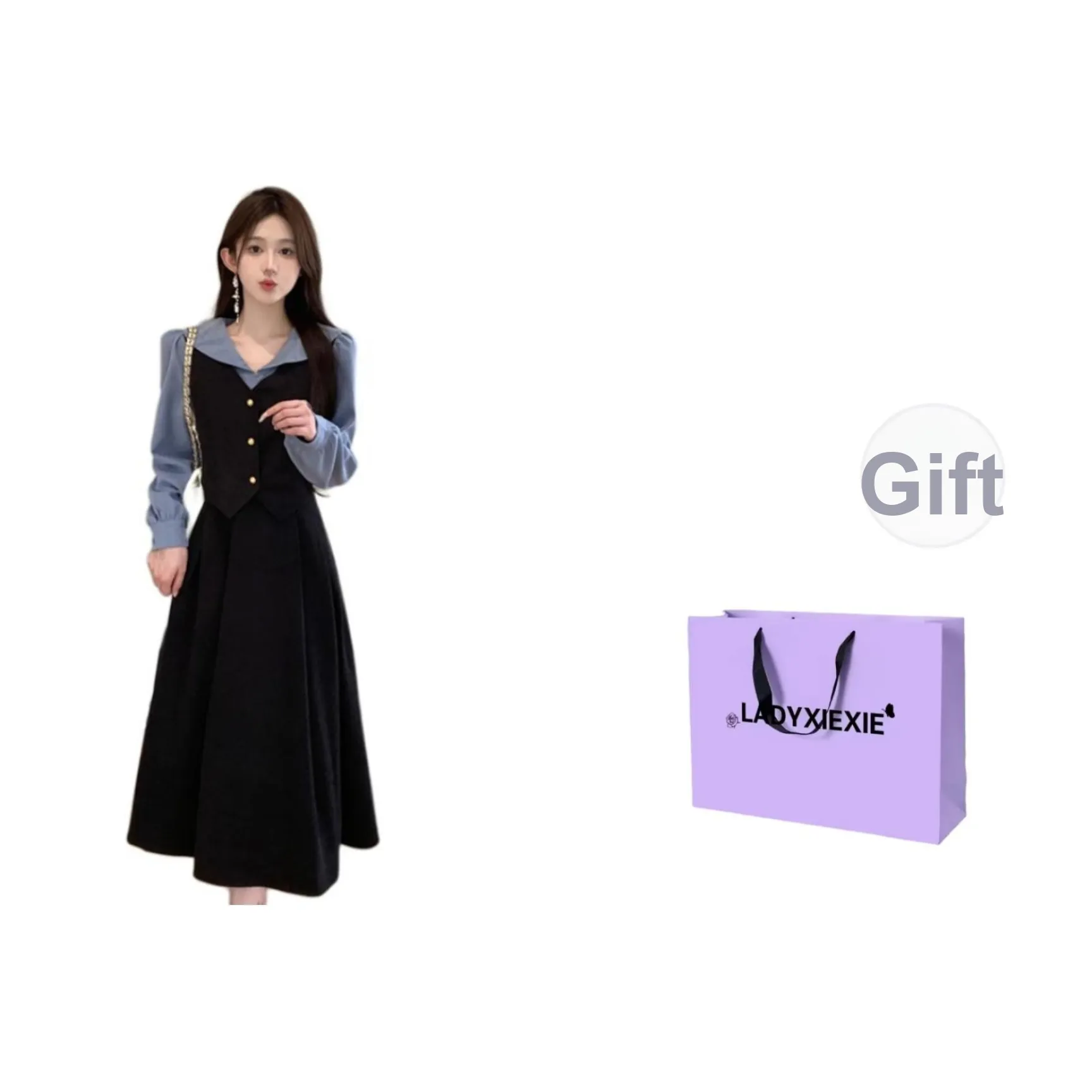 LADYXIEXIE Черное и синее женское платье с длинными рукавами