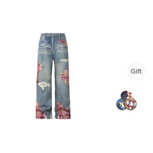 YADcrew American Vintage Comfortable Versatile Premium Design Casual Travel Jeans Unisex Free Custom Badge Set Blue