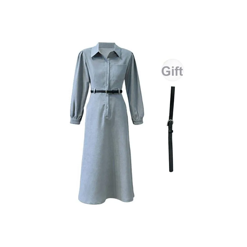 PAVEA Long Sleeved Dresses Women's Blue+Belt Comes With