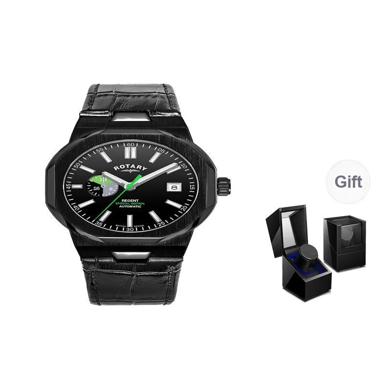 ROTARY Wrist Watch Automatic Mechanical Movement Genuine Leather Strap Black Dial Men's Watches-7