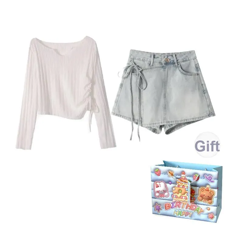 REMOULD Casual Suits Women's White Top+Light Blue Pants Shopping Bag