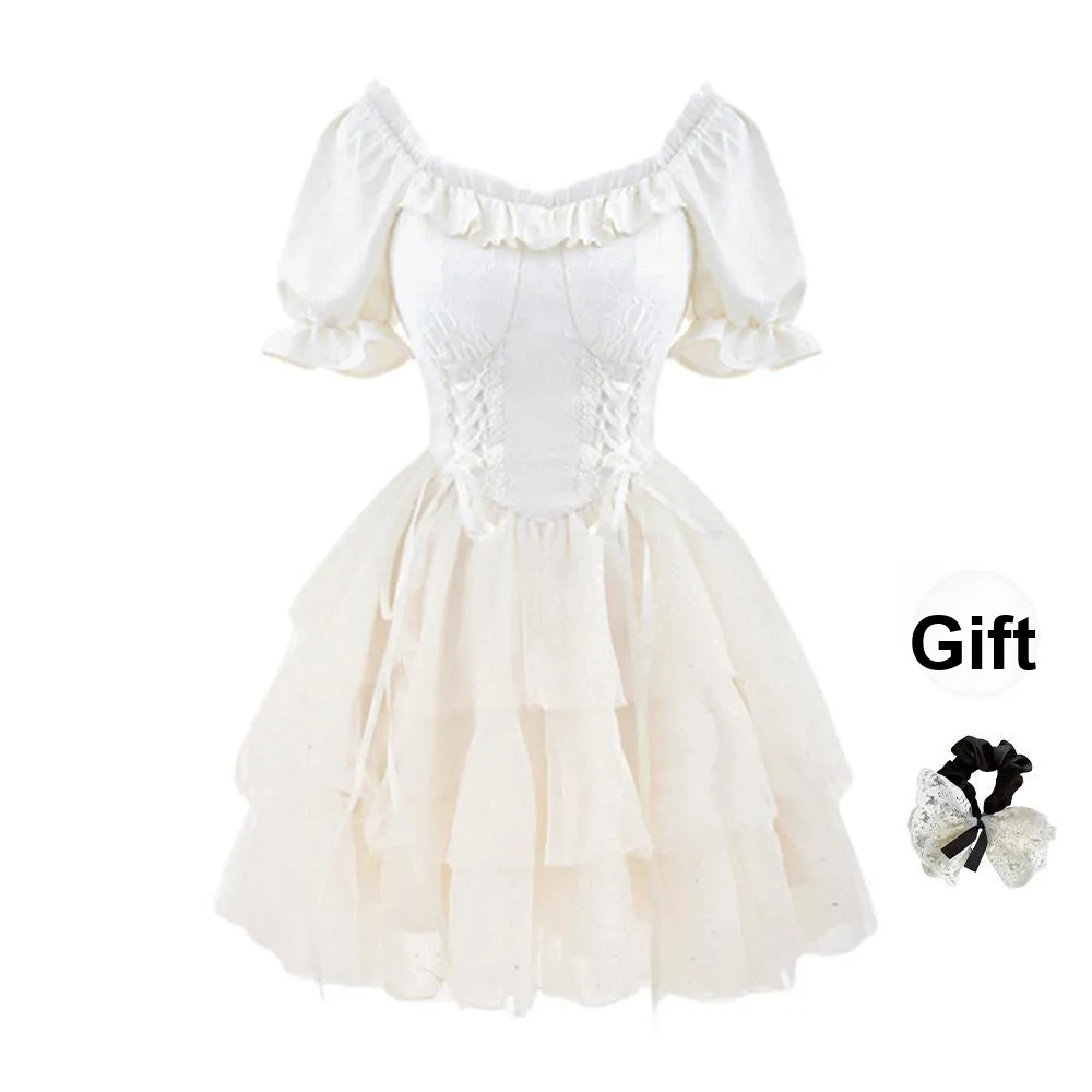 TUSHIFEI Short Sleeved Dress Women's Apricot+Hair Tie Comes With