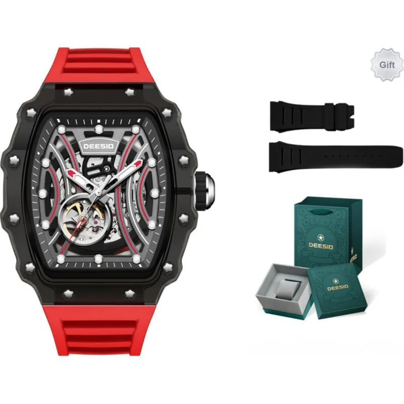 DEESIO Automatic Mechanical Movement Silicone Strap Watch Unisex Cut Out Dial-0
