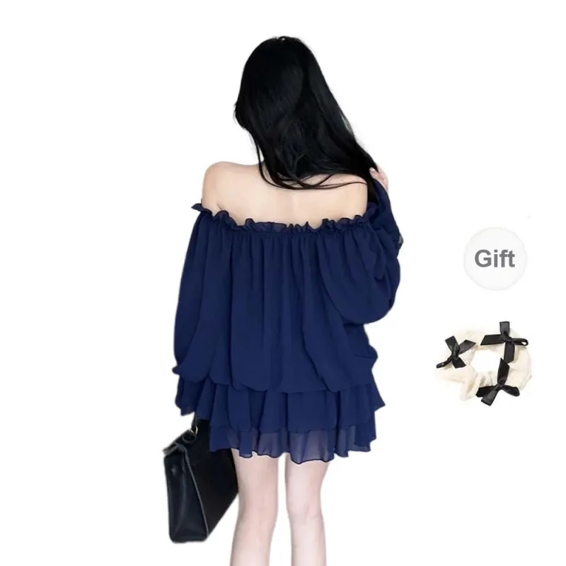 TURN UP Long Sleeved Dresses Women's Klein Blue+Bowknot Hair Tie Comes With-1