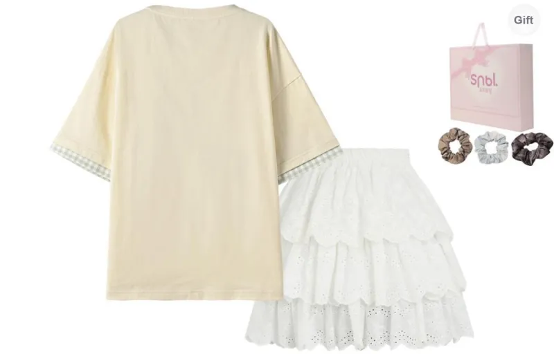 SNBL Skirt Set Women's Apricot T Shirt+White Skirt-1