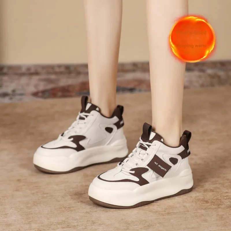 RED DRAGONFLY Platform Shoes Warm Height Increasing Mid-Top Casual Shoes Women's White Black White Brown-21