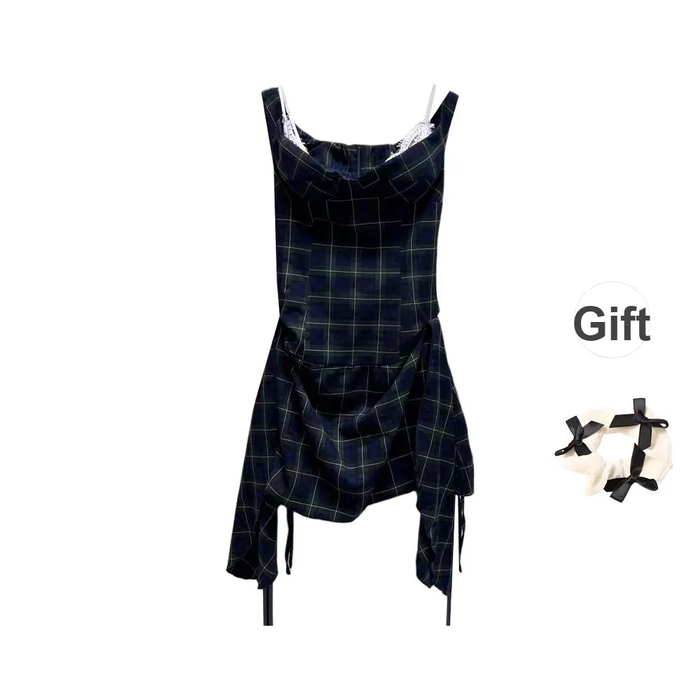 TURN UP Slip Dresses Women's Ink Green Plaid Pattern+Bowknot Hair Tie Comes With