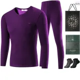 Crew Neck Clothing Sets (Dark Purple) Thickened and Fleece-Lined/Includes 2 Pack Socks+Shopping Bag