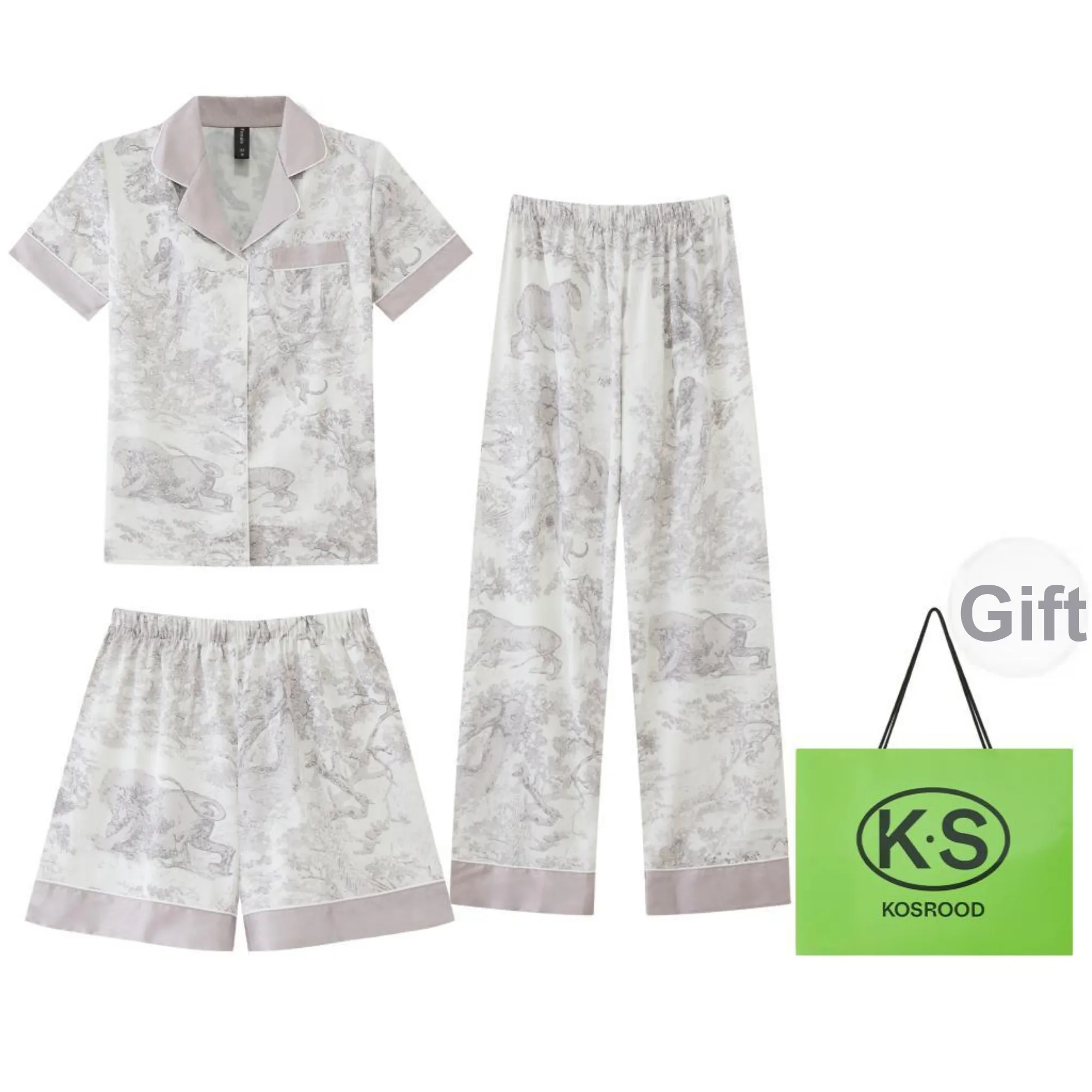 Kosrood Pajama Set Women's Three Piece Set Luxury Rui Gray