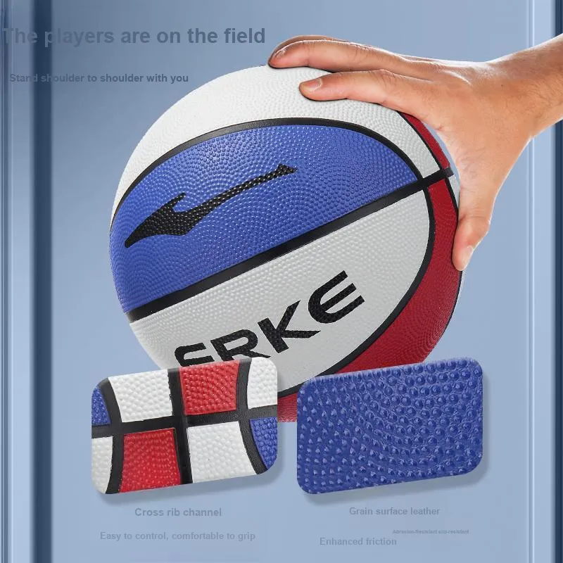 Erke Rubber Basketball Red White Blue Size 5 Ball Training Competition Unisex-3