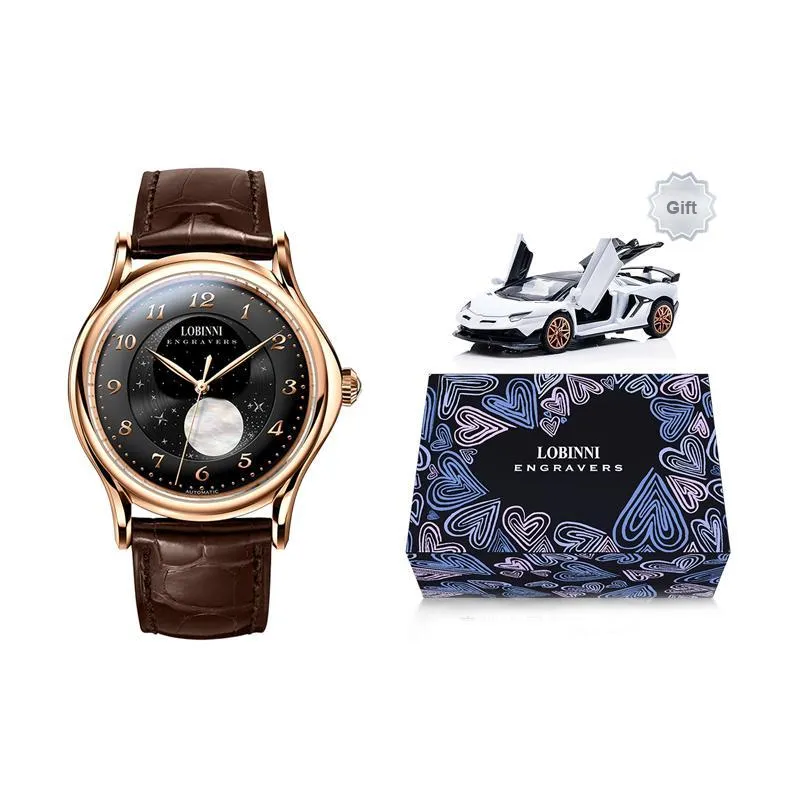 LOBINNI L Mechanical Movement Genuine Leather Strap Watch Men's Watches Black Dial-6