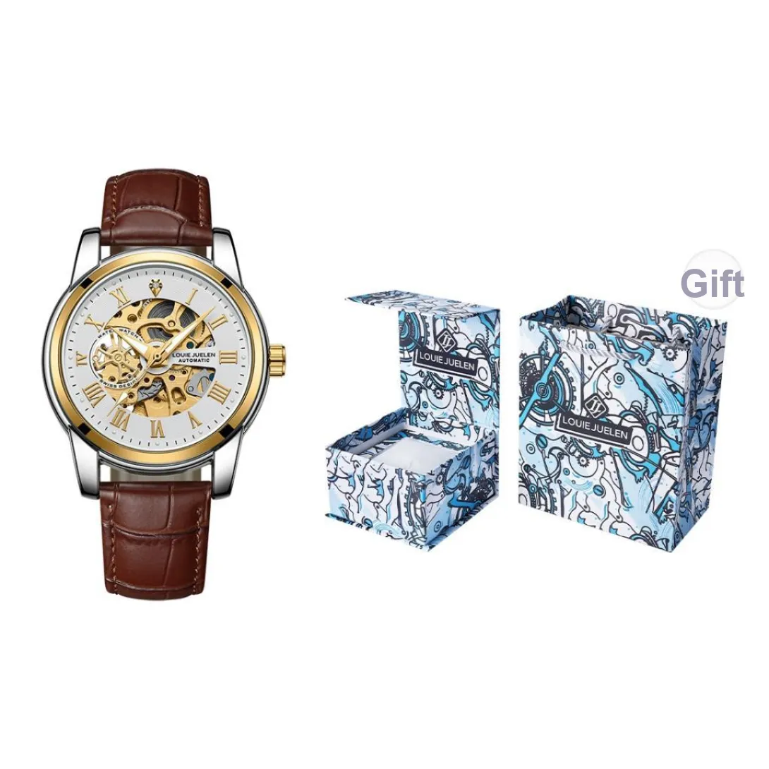 LOUIE JUELEN Mechanical Movement Leather Strap Watch Men's Watches Silver Dial