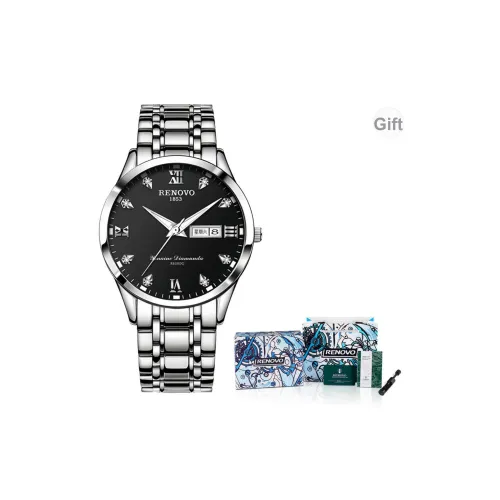 RENOVO Мужские часы Кварцевый механизм Ремешок из нержавеющей стали Черный циферблат