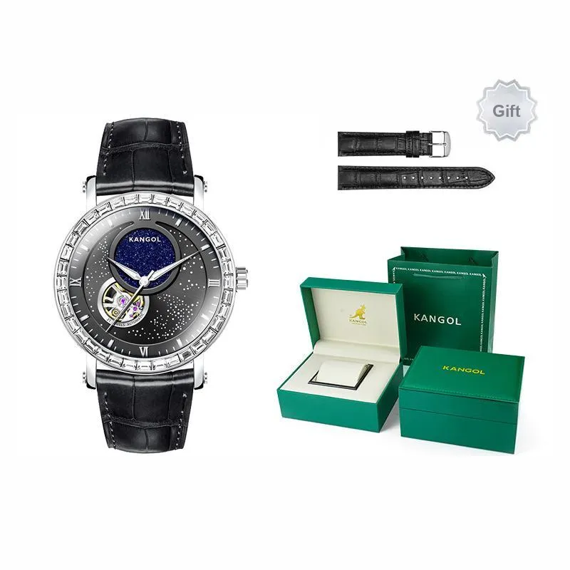 KANGOL Sea Of Stars Mechanical Movement Leather Strap Watch Men's Watches Black Dial-22