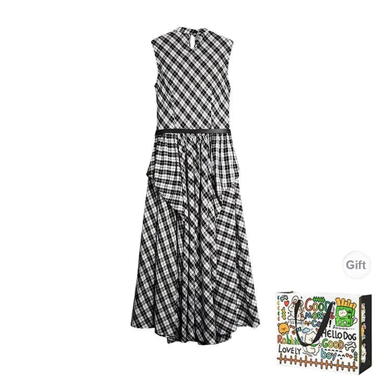 HAPG Sleeveless Dresses Women's Black White Plaid Shopping Bag-1