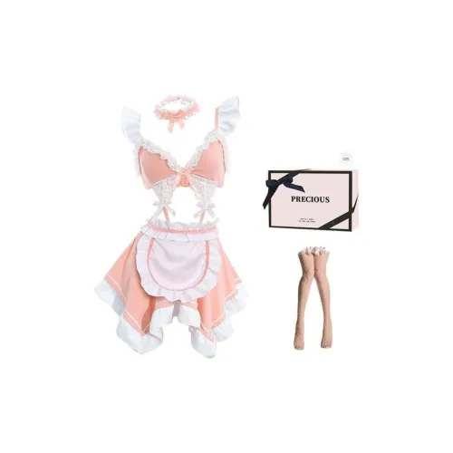 TLXT Розовый+Белый [Кольцо на шею + Платье + Фартук + Рубашка T] + Белые длинные сетчатые носки + [Коробка] Женские ночные сорочки