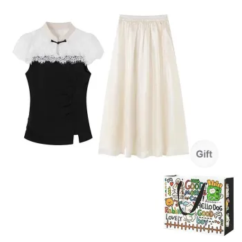 Dippanis Two Piece Skirt Sets Women's Black Top+Apricot Skirt Shopping Bag