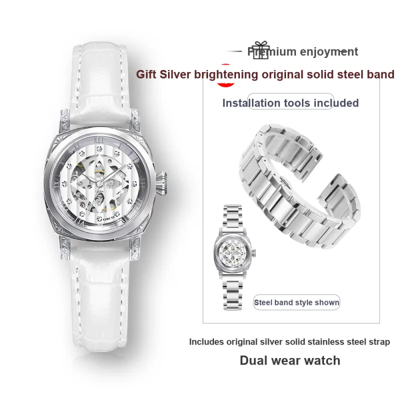 ORCO Automatic Mechanical Movement Cowhide Strap Watch Women's Watch White Dial-13
