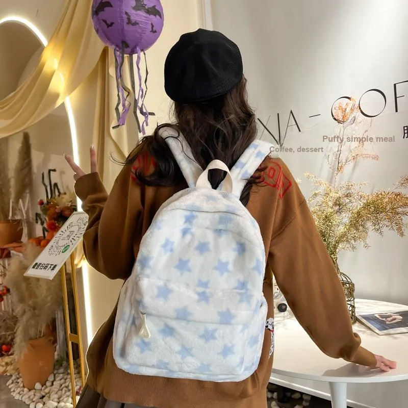BUBM Plush Backpack Unisex Blue/Coffee/Gray-2