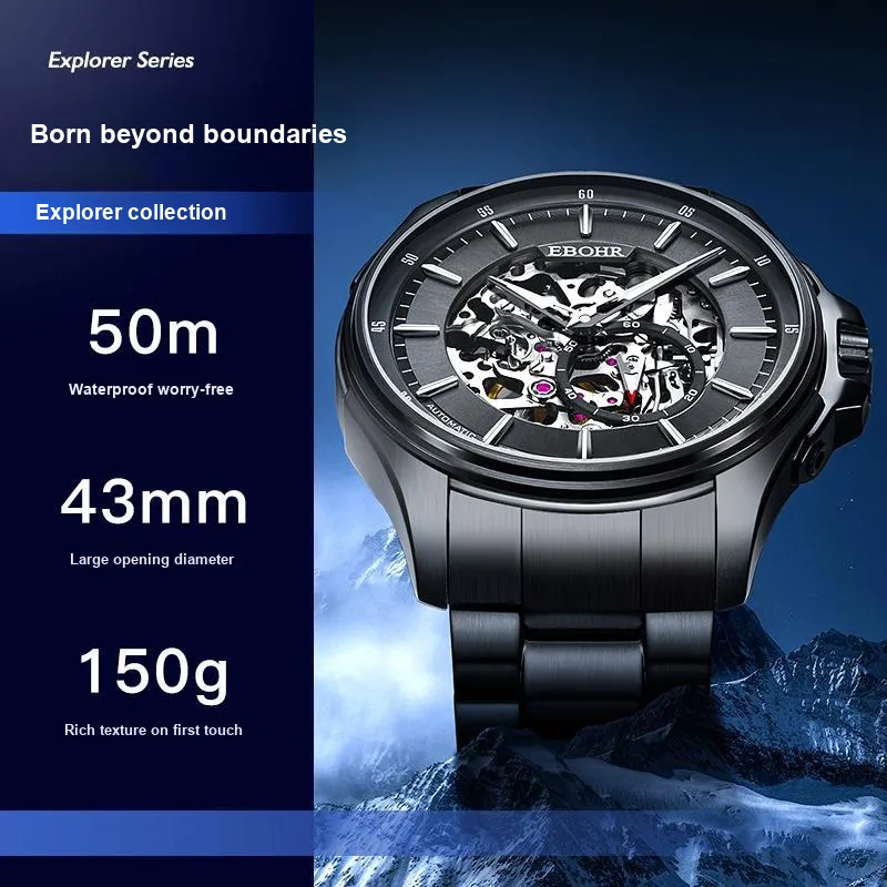 EBOHR Explorer Collection Mechanical Heart Mechanical Movement Stainless Steel Strap Watch Men's Watches Black Dial-2