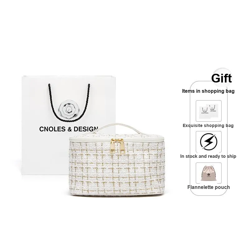 CNOLES Textile, Synthetic Leather Makeup Bag, Portable Storage Bag Regular Women's Chanel Black/Chanel White
