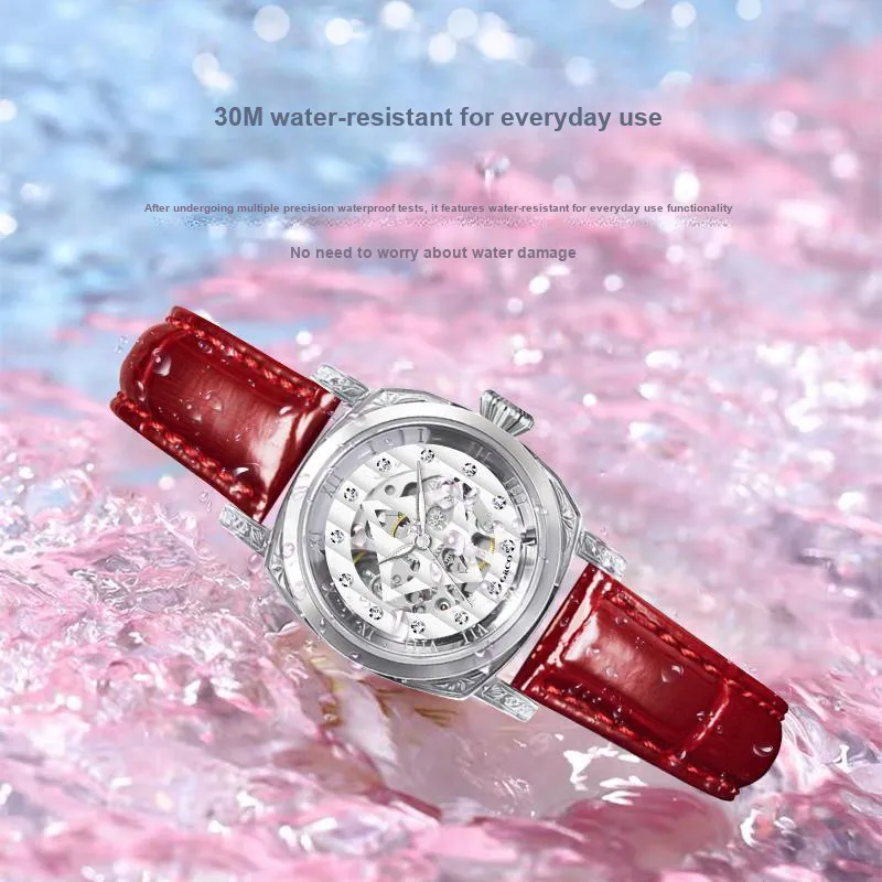 ORCO Automatic Mechanical Movement Cowhide Strap Watch Women's Watch White Dial-20
