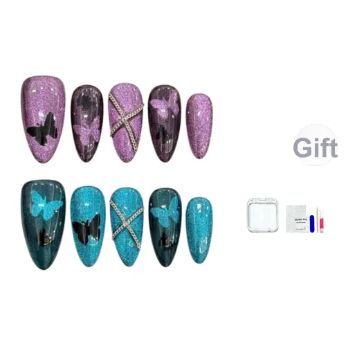 JINGCHANXUE [Несовпадающие Бабочка] Cut Out Бабочка Handcrafted False Nail Миндаль Синий-Фиолетовый Jump Цвет Кошачий глаз 14 мм