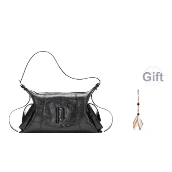 PECO Cow Leather Casual Outing Shoulder Bag Crossbody Bag Pillow Bag Women's Classic Black