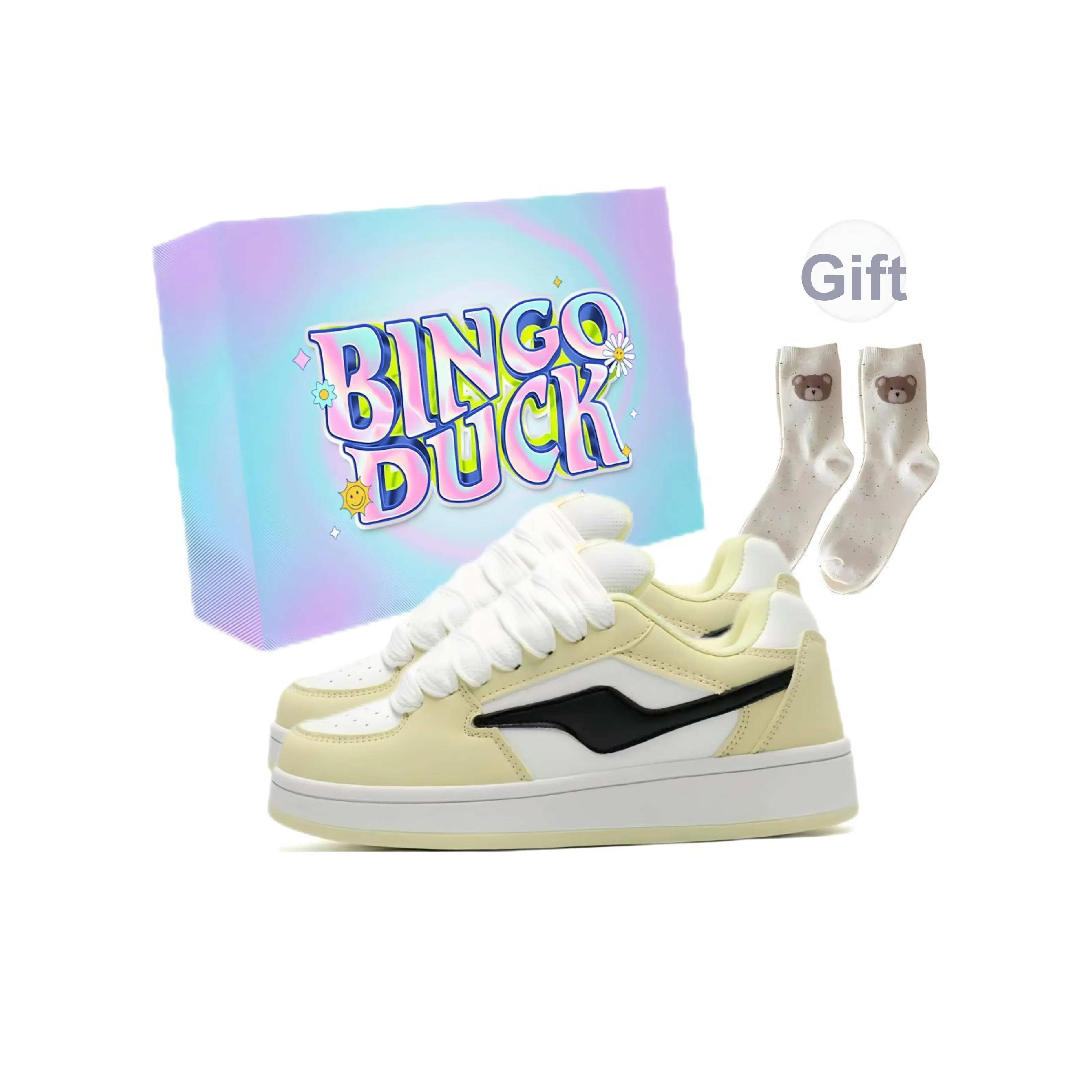 BINGO DUCK Скейтборд Кроссовки Женские Белые Светло-Желтые