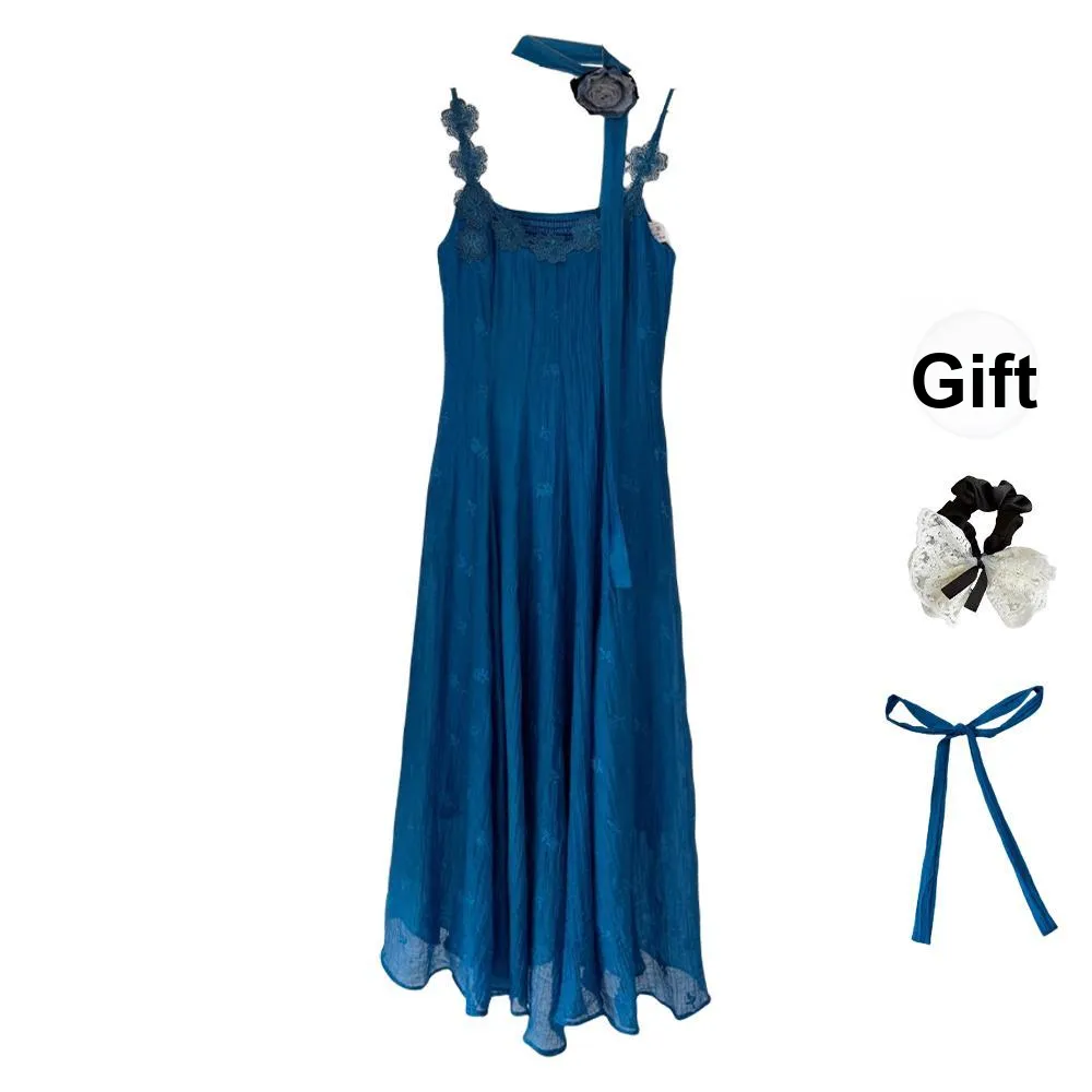 TUSHIFEI Slip Dresses Women's Vintage Blue+Silk Scarf+Hair Tie Comes With