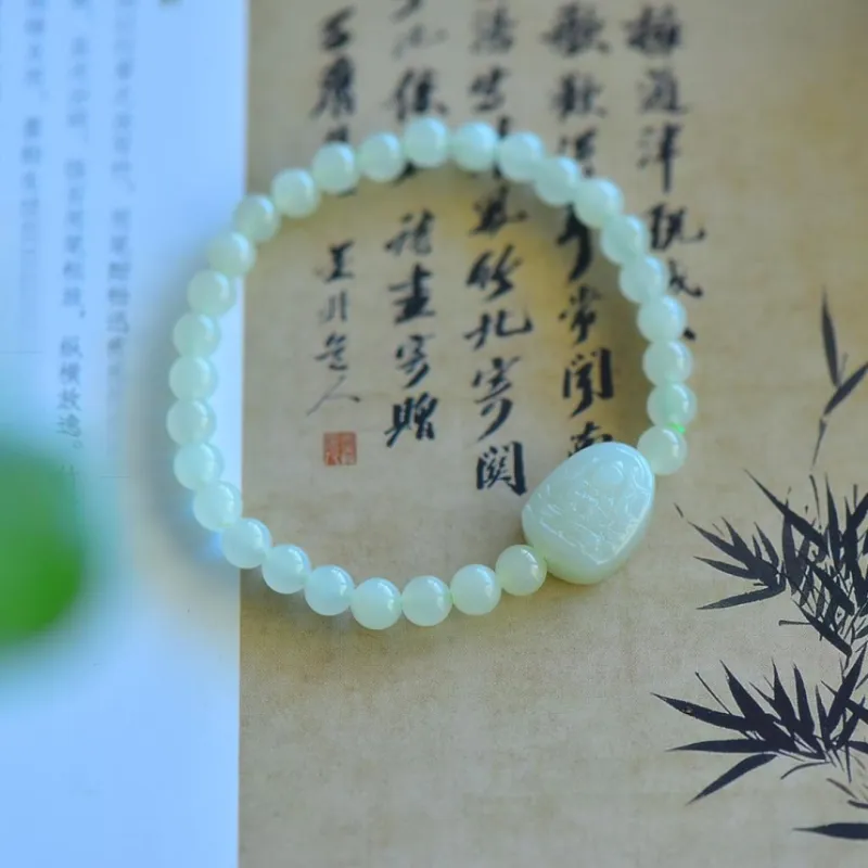 Cuiya Golden Building Hetian Jade Bracelets Pale Greenish-White Jade Unisex-33