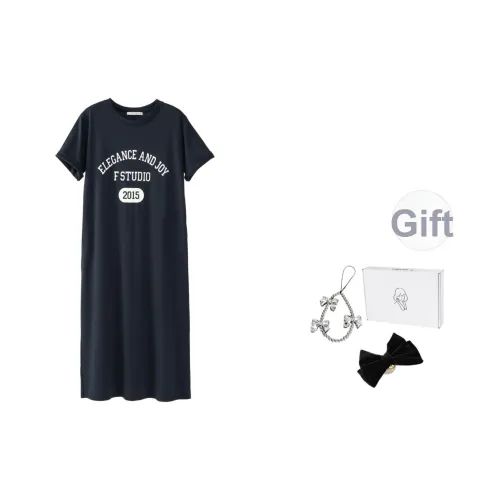 Fstudio Летний Повседневный Стиль Позиционирование Белый Улучшающий Свободный крой Мода С принтом Короткий рукав Платье Женское Темно-синий