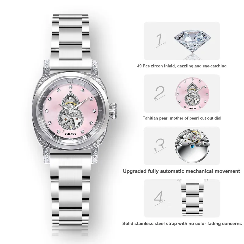 ORCO Automatic Mechanical Movement Watch Women's Watch White Dial-5