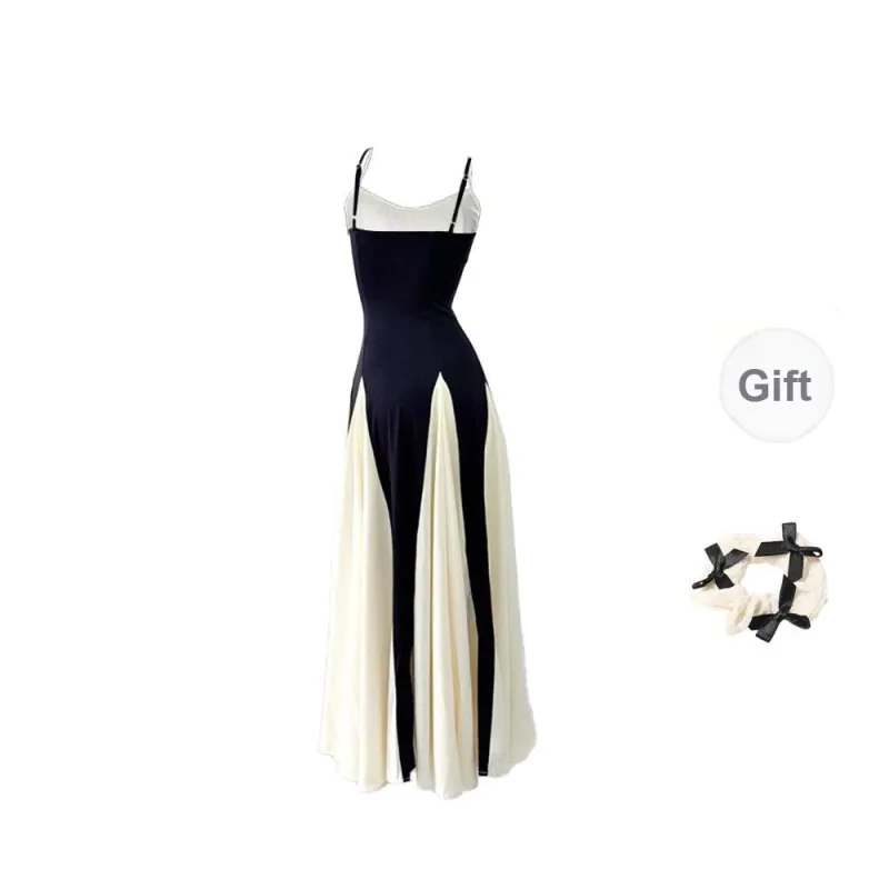 CPAURA Slip Dress Women's Black White+Bowknot Hair Tie Comes With-1