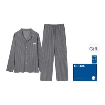Qin Jing Pajama Set Men's Gift Box Set Gray Stripes