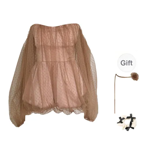 XUOIZA Long Sleeved Dresses Women's Milk Coffee+Lace Up Floral+Bowknot Hair Tie Comes With