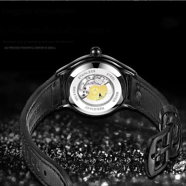 KANGOL Automatic Mechanical Movement Genuine Leather Strap Watch Men's Watches Cut-Out Dial K102 WZF186-BLACK-1