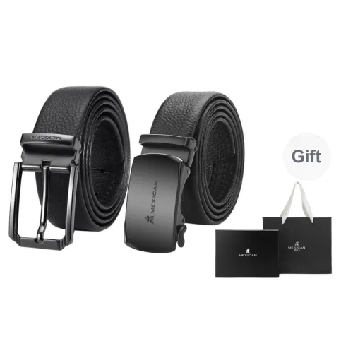 MEXICAN Automatic Buckle 2 Pack Top Grain Cow Leather Pin Buckle Belt Automatic Buckle Belt Men's Black Width 3.5CM