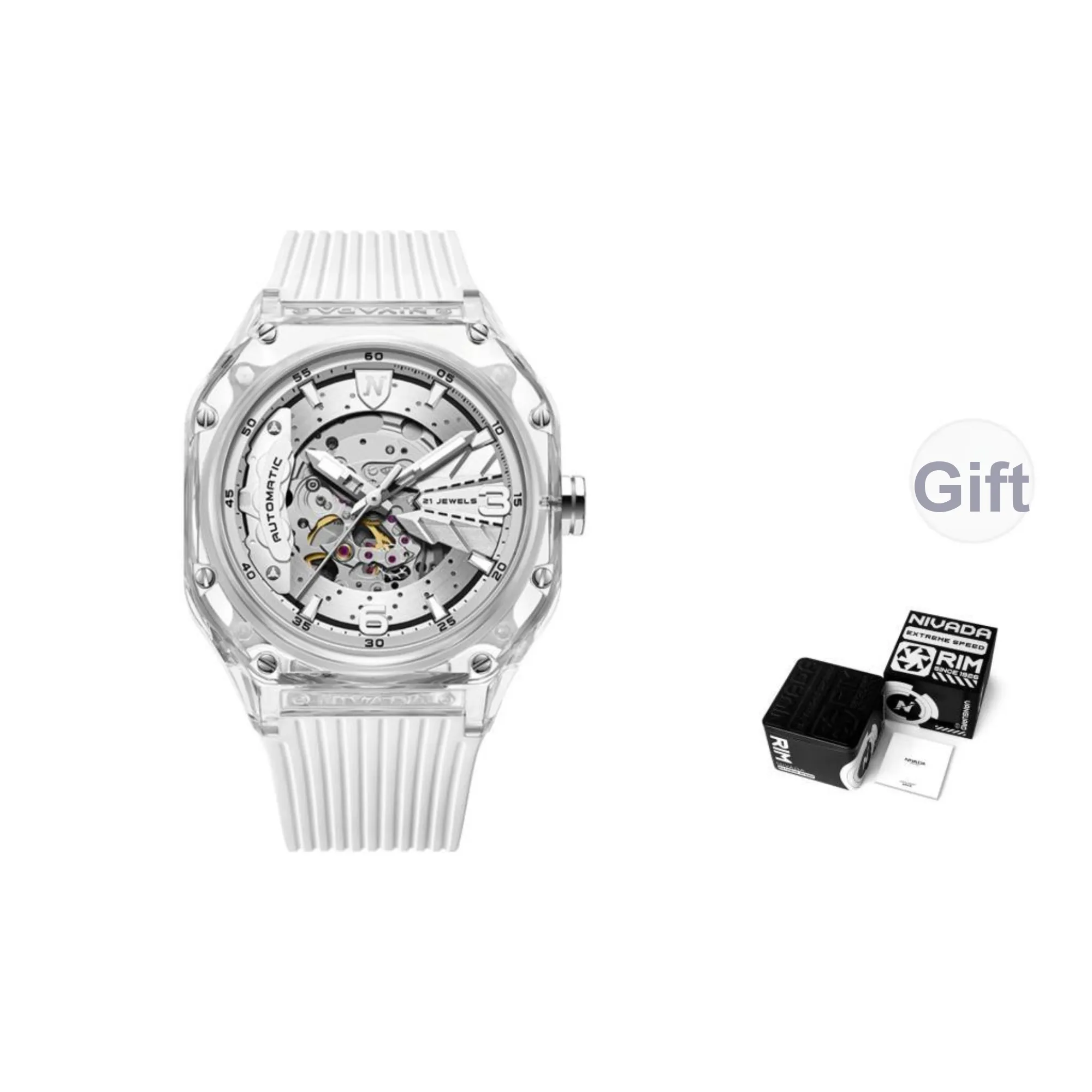 NIVADA Small Ice Cubes Automatic Mechanical Movement Unisex Watch Cut-Out Dial Silicone Strap