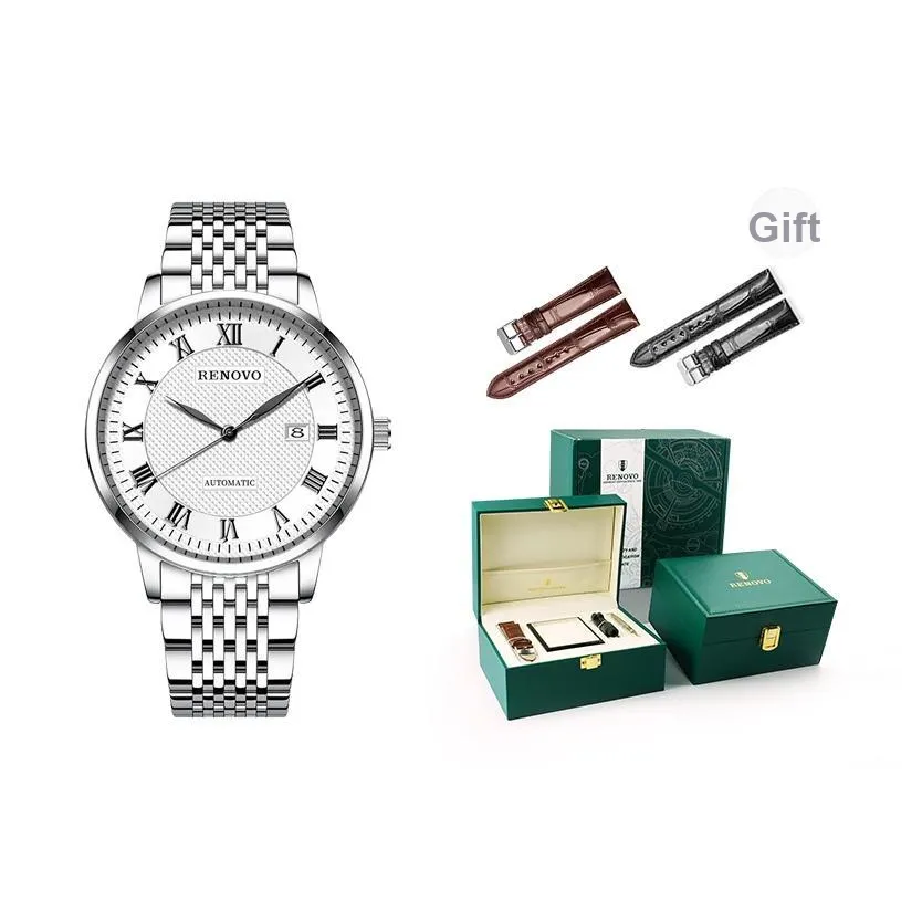 RENOVO Автоматический Механический Механизм Стальной Ремешок Часы Мужские Белый Циферблат