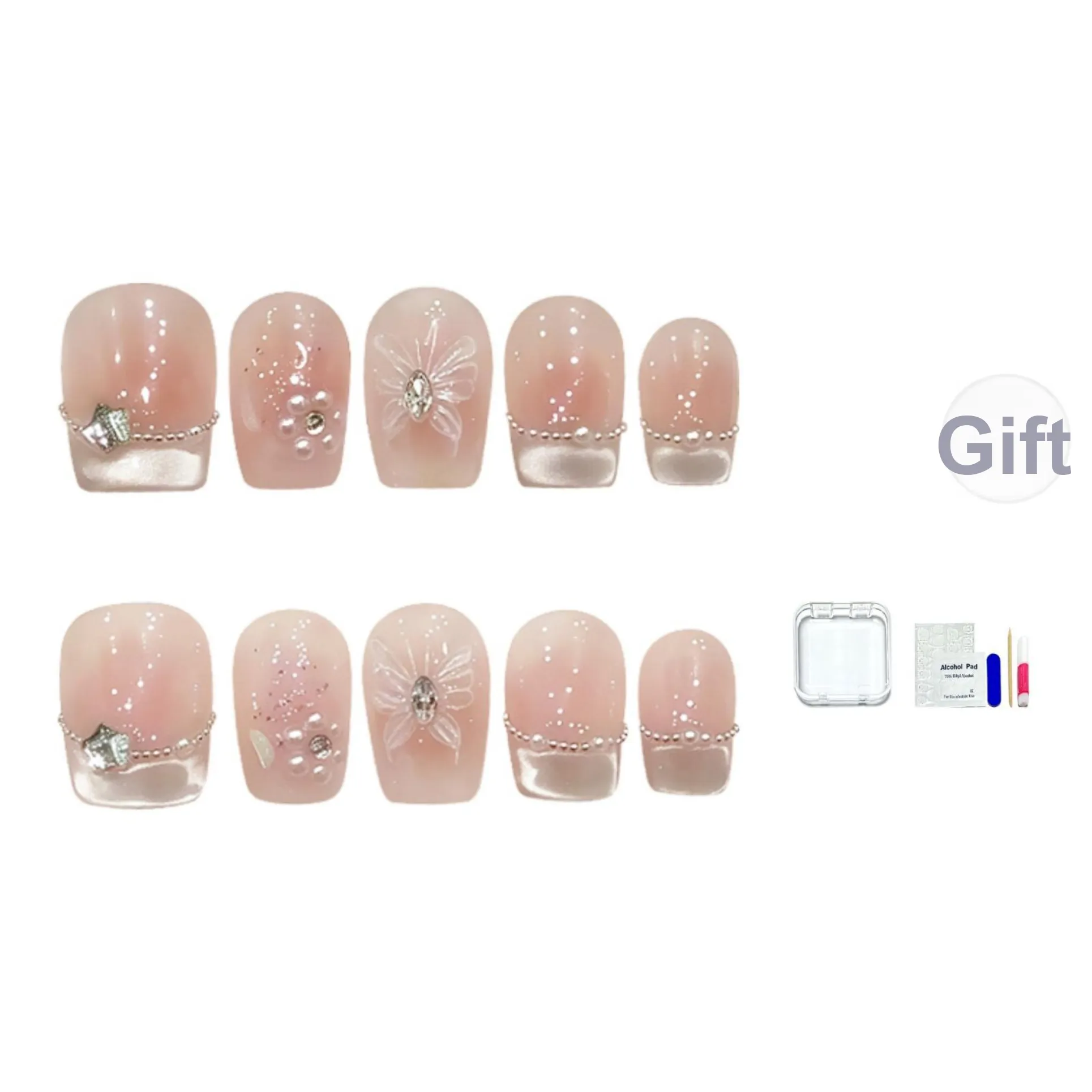 JINGCHANXUE Кристальный камень Бабочка Кошачий глаз Ручная работа Цепочка Бабочка False Nail Короткий Лестница Blush Nude Французский 12 мм