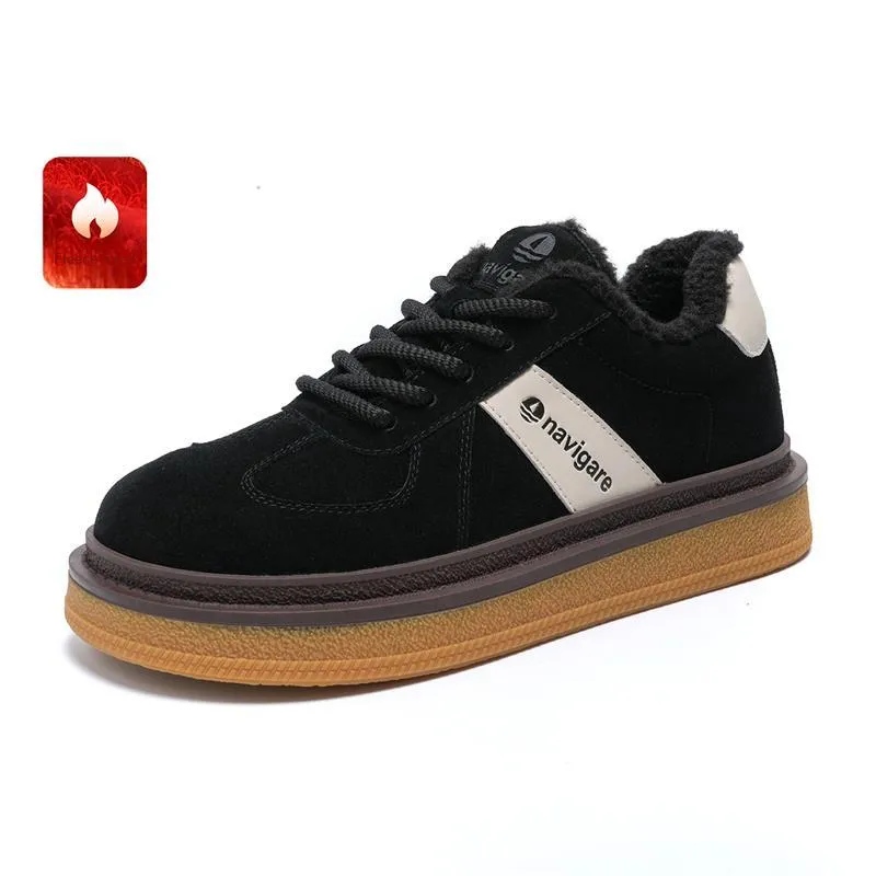 NAVIGARE Italy Version Small Sailboat Height Increasing Low Top Fleece Lined Skateboard Shoes Women's Black-1