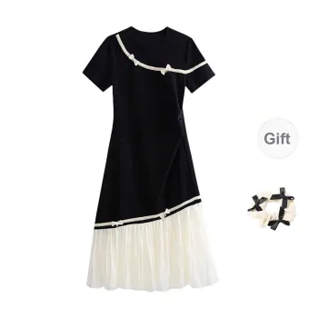 CPAURA Short Sleeved Dress Women's Black+Bowknot Hair Tie Comes With