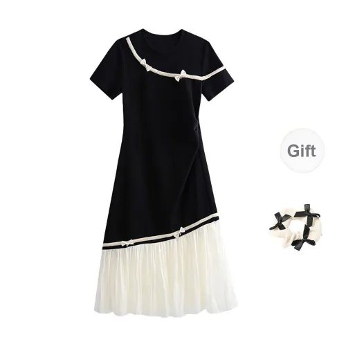 CPAURA Short Sleeved Leather Women's Black+Bowknot Hair Tie Comes With