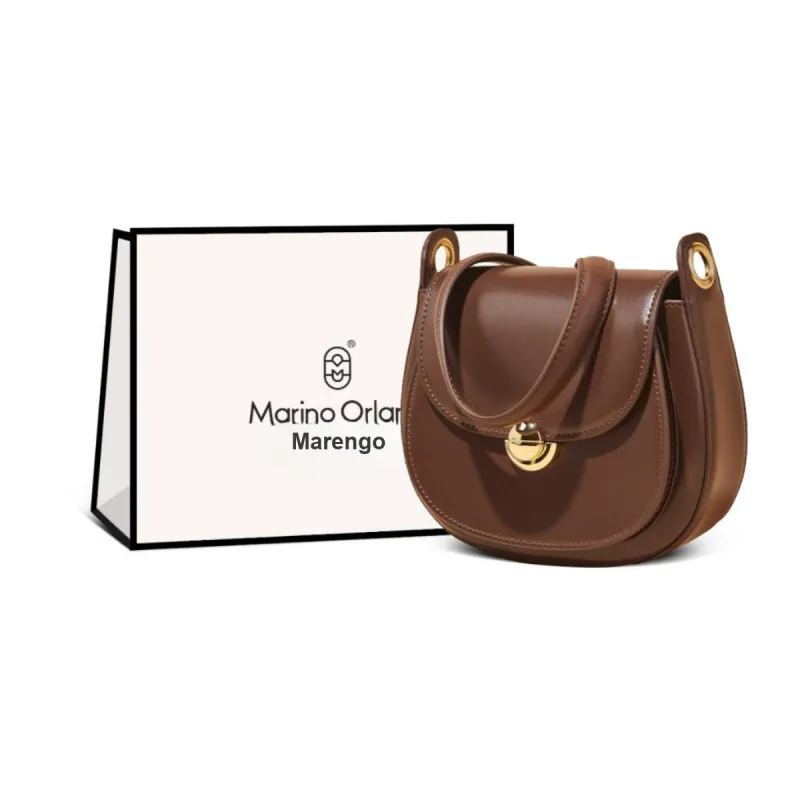 Marino Orlandi Split Cow Leather With Synthetic Leather Saddle Bag, Crossbody Bag, Shoulder Bag Women's White/Coffee-0