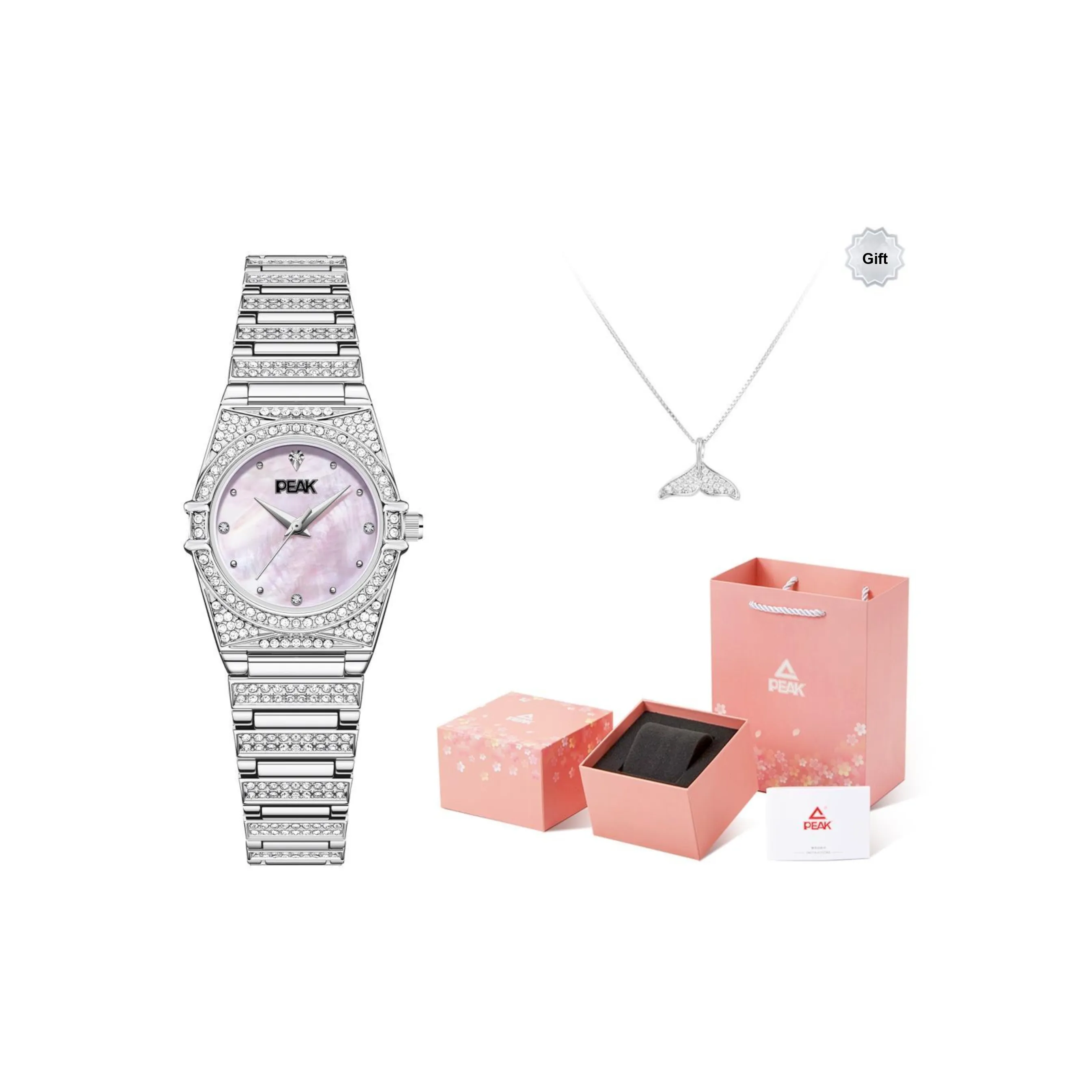 PEAK Gift Box Set Кварцевый механизм ремешок из нержавеющей стали женские часы розовый циферблат