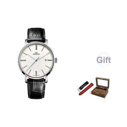 MARVIN Кварцевый механизм Мужские часы Часы 41 Белый циферблат Корпус из нержавеющей стали Натуральная кожа Ремешок