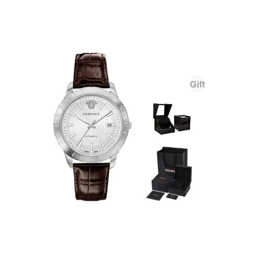 VERSACE Мужские часы Автоматический механический механизм Коровья кожа Ремешок 42 мм Серебристый циферблат