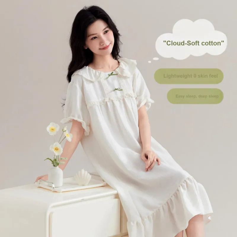 Urban Beauty Nightgown Girlish Preppy Style Peter Pan Collar Women's Ecru-1