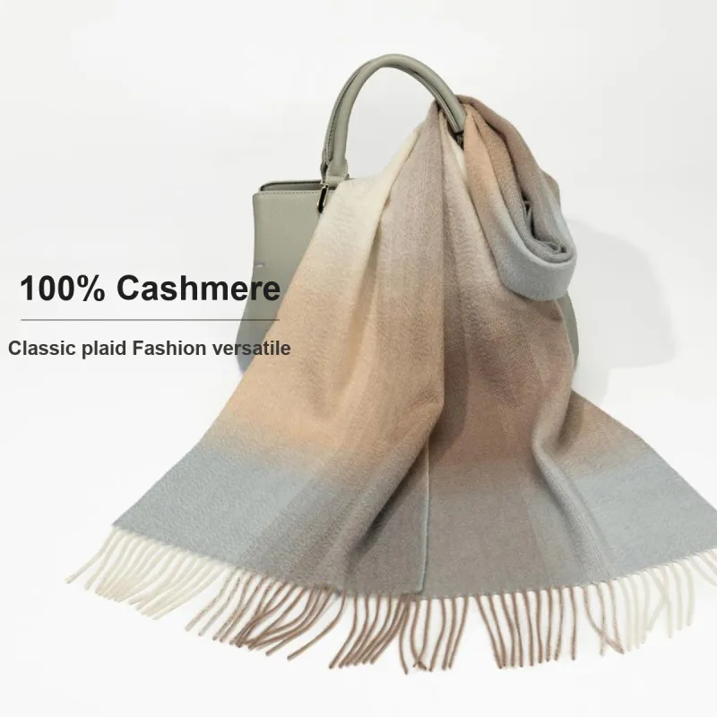 Shanghai Story 100% Cashmere Knit Scarves Unisex Beige And Orange Check Gift Box Set-55